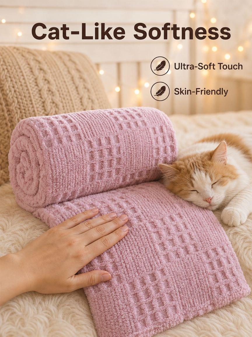 Thick and warm double-sided plush blanket with waffle pattern jacquard