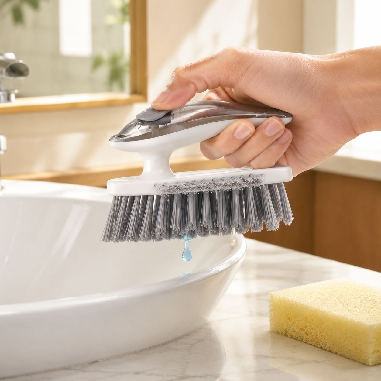 Efficient grout brush used on kitchen tile grout