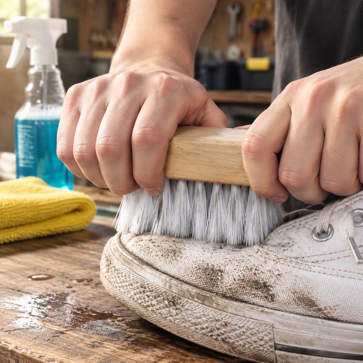 Eco-friendly shoe cleaning brush with natural wood handle