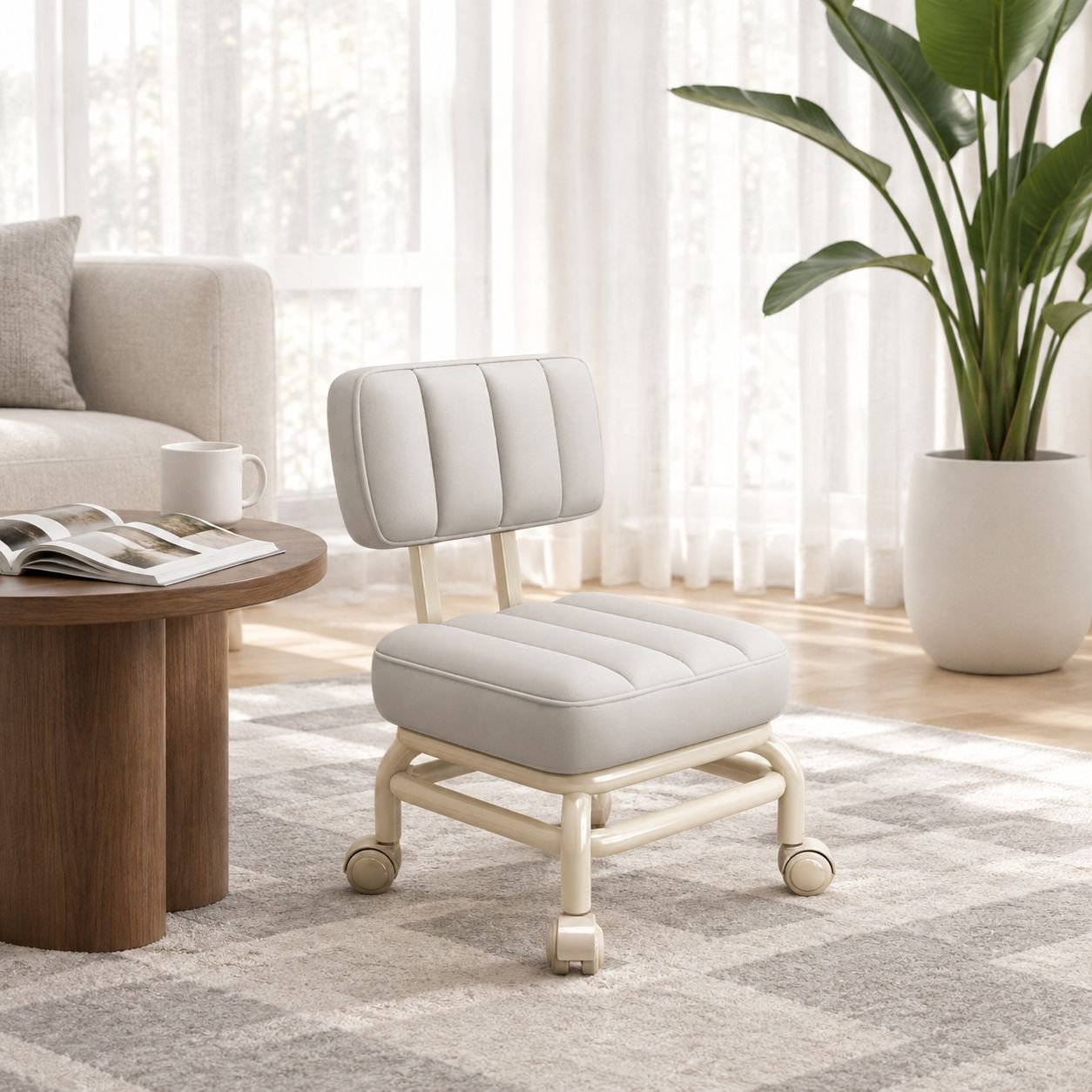 Multifunktionaler weicher Hocker mit Rückenlehne und Rollen für Zuhause
