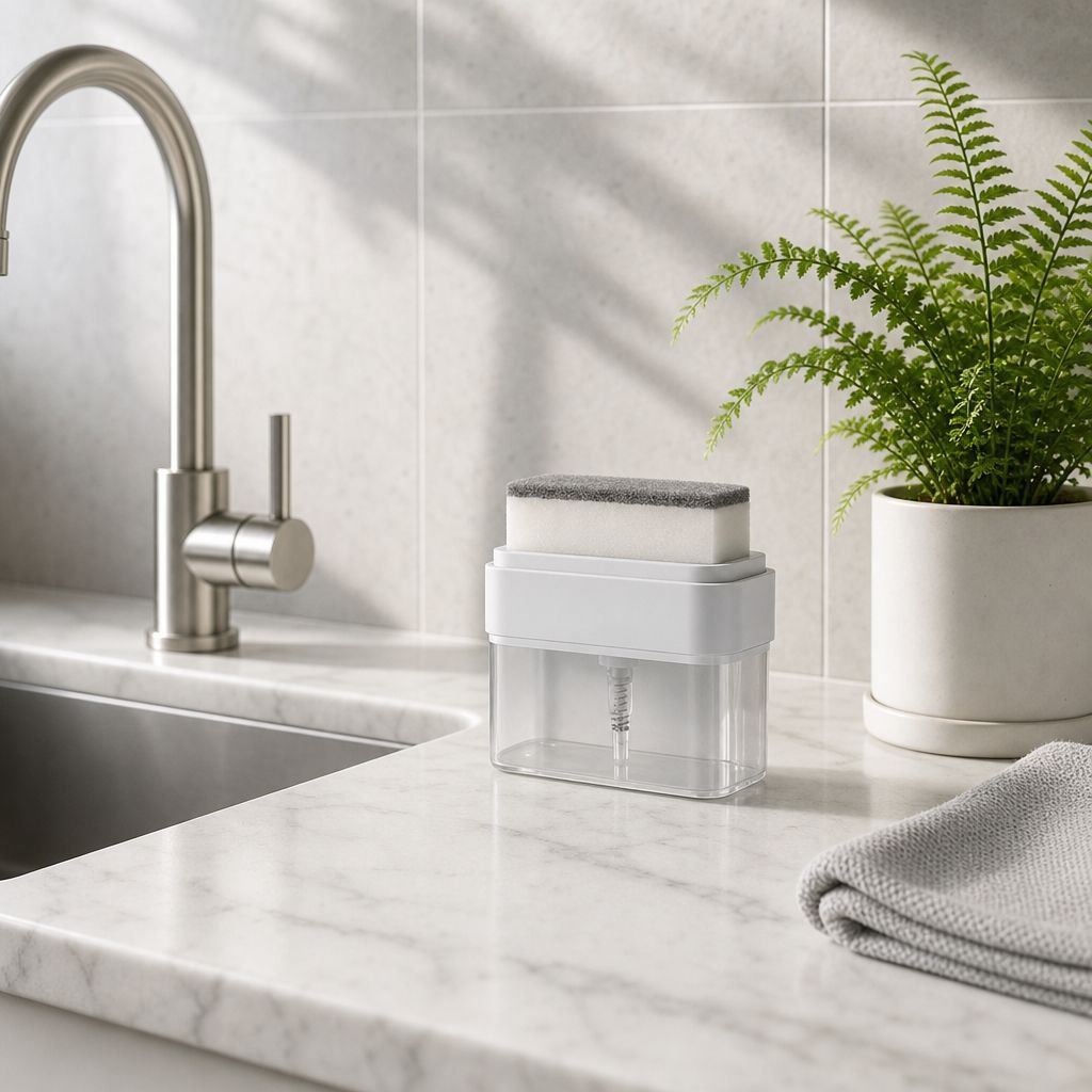 Kitchen Push Soap Box with Sponge and Draining Feature on countertop