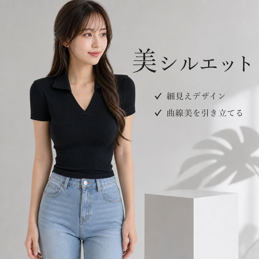 スリムで細見え無地Vネック半袖ポロ襟ニットレディーストップス
