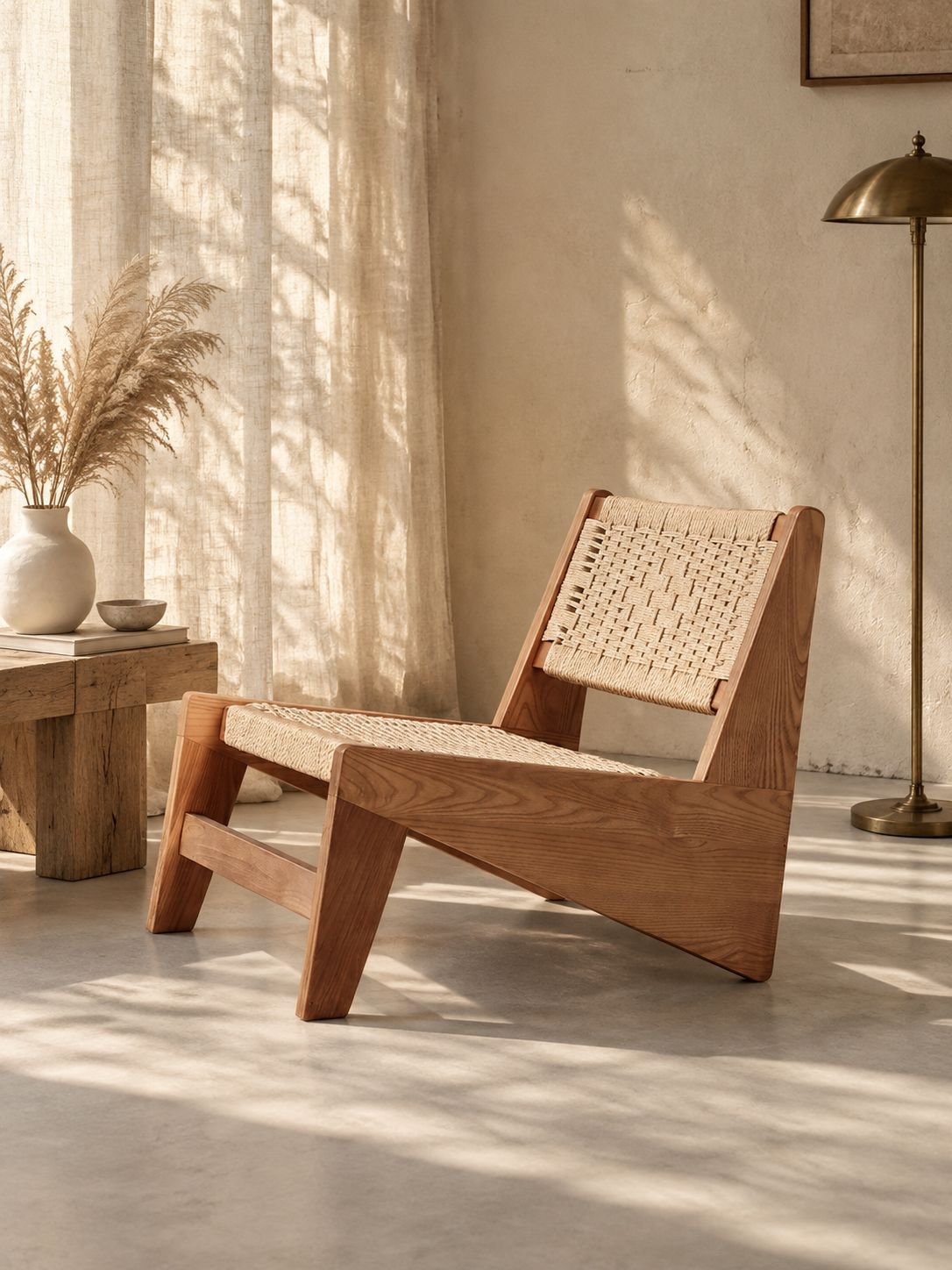 Fauteuil de salon individuel en bois massif style vintage wabi-sabi avec assise tressée