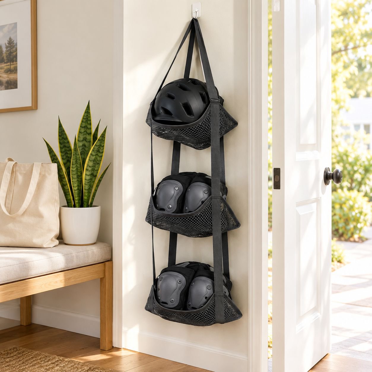 Easy-access multi-tier mesh shelf for sports balls
