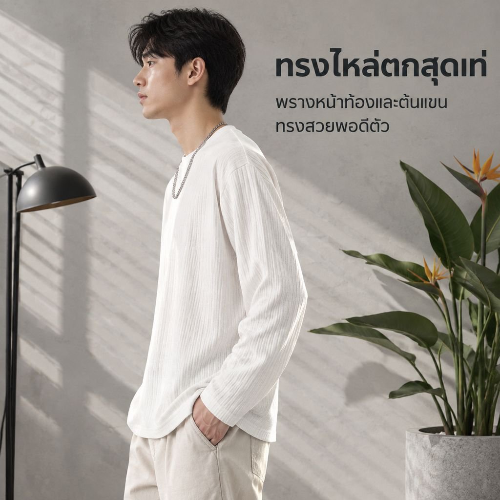 เสื้อยืดแขนยาวลายทางแนวตั้งสไตล์ญี่ปุ่นสำหรับผู้ชาย ใส่ได้ทั้งฤดูใบไม้ผลิและใบไม้ร่วง