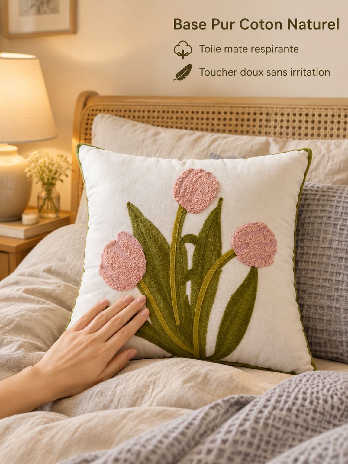 taie d'oreiller brodée de fleurs
