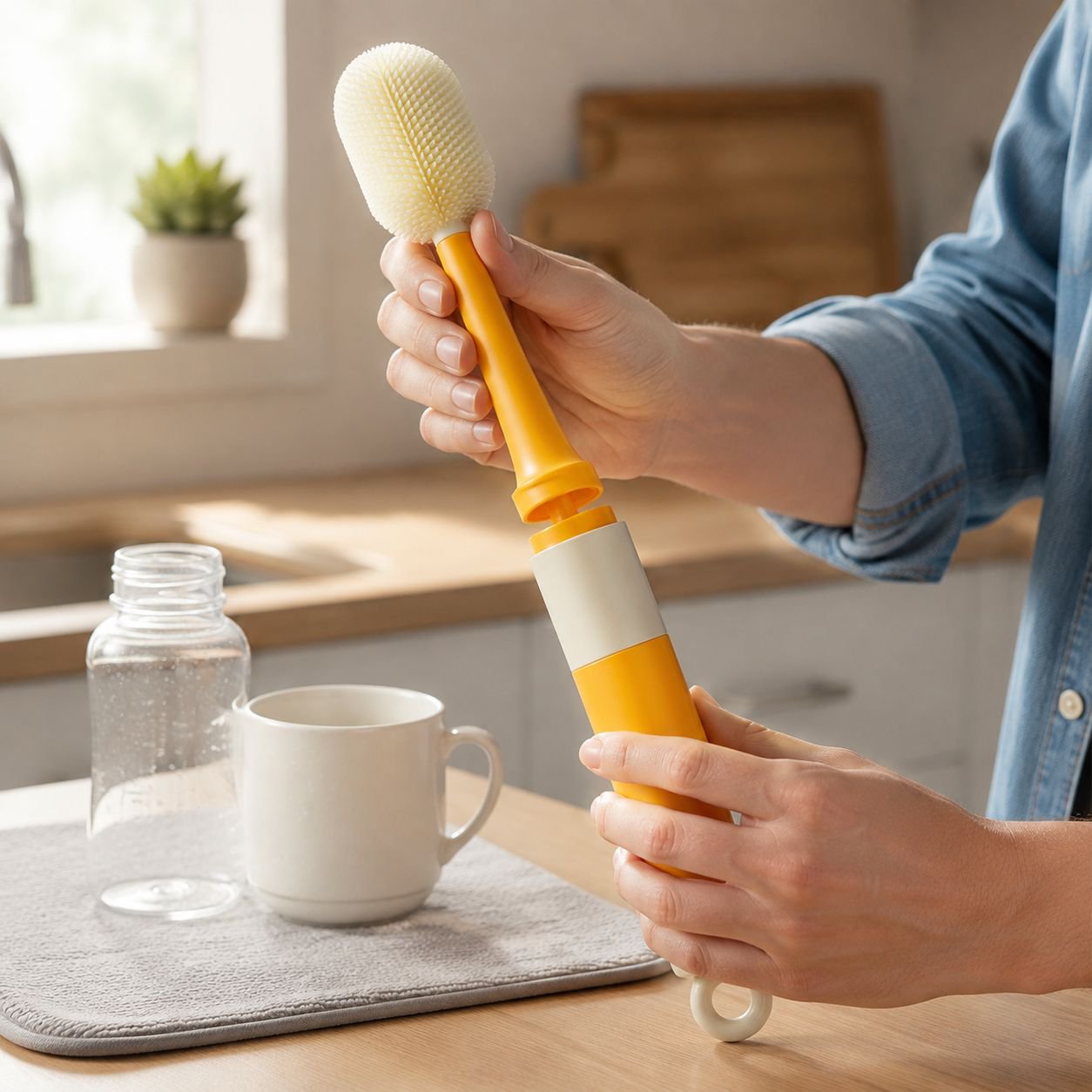 Cepillo de mango largo 6 en 1 para limpiar biberones, tazas y termos