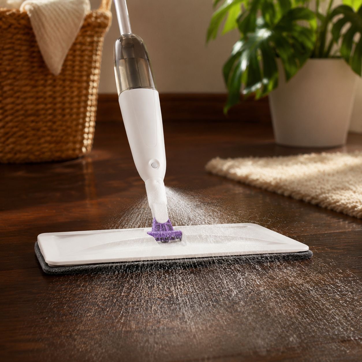 Hand-press spray mop for effortless mopping
