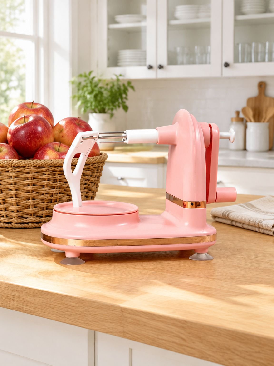 Compact and durable hand crank fruit peeler for kitchen tasks
