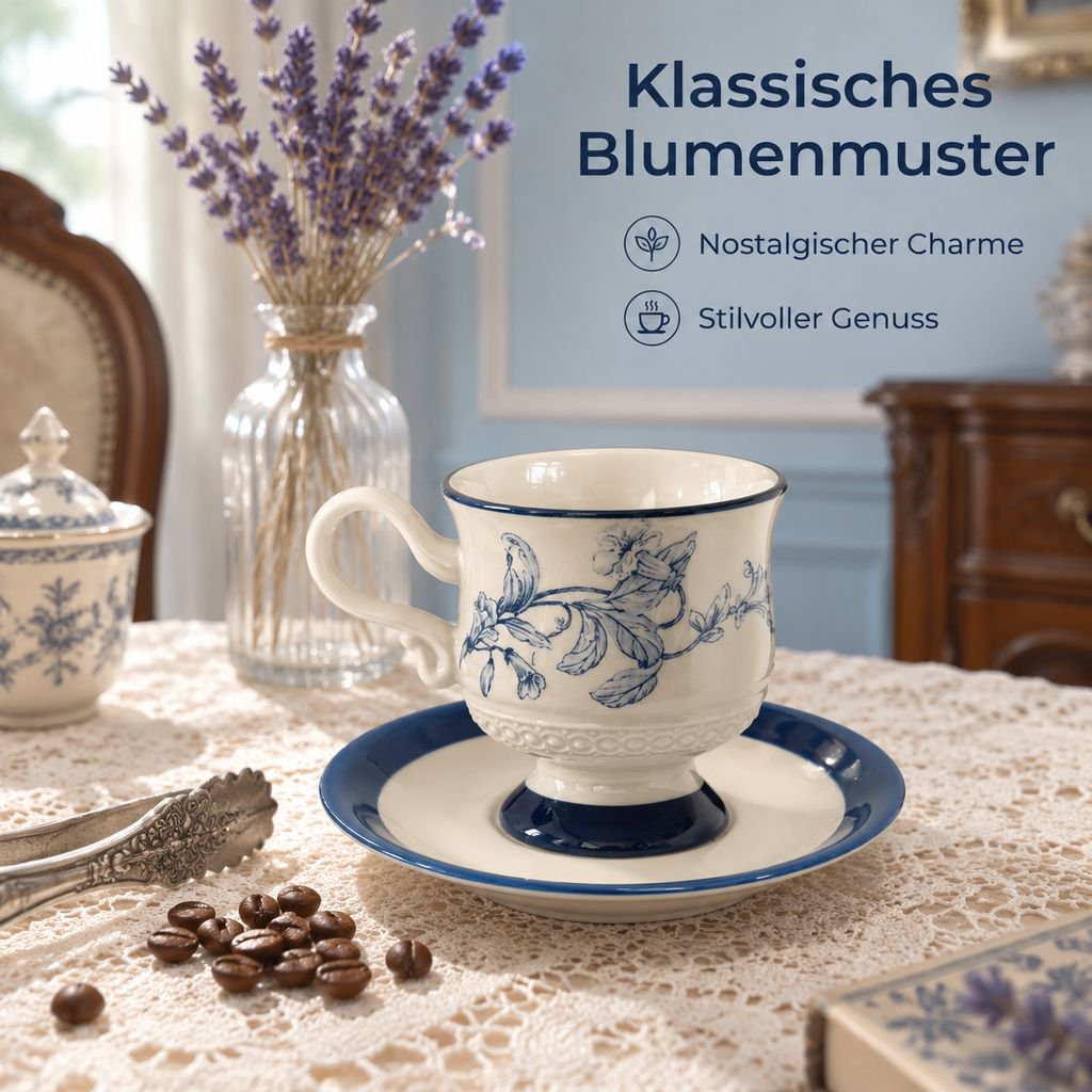 Keramik-Kaffeetassen- und Untertassen-Set im Vintage-Stil fuer Kaffee und Nachmittagstee