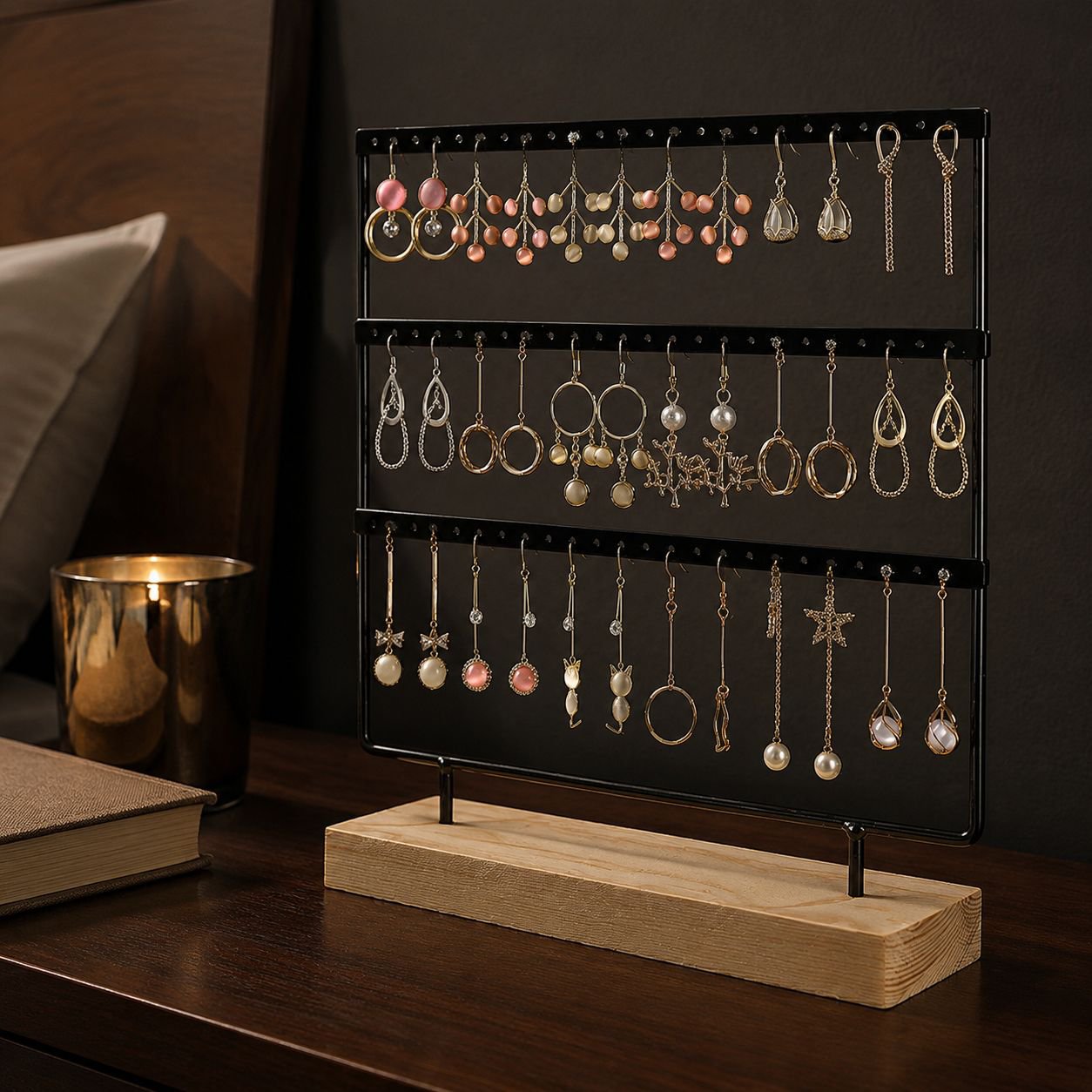 Jewelry display rack, solid wood and wrought iron earring holder, home earring storage, jewelry rack