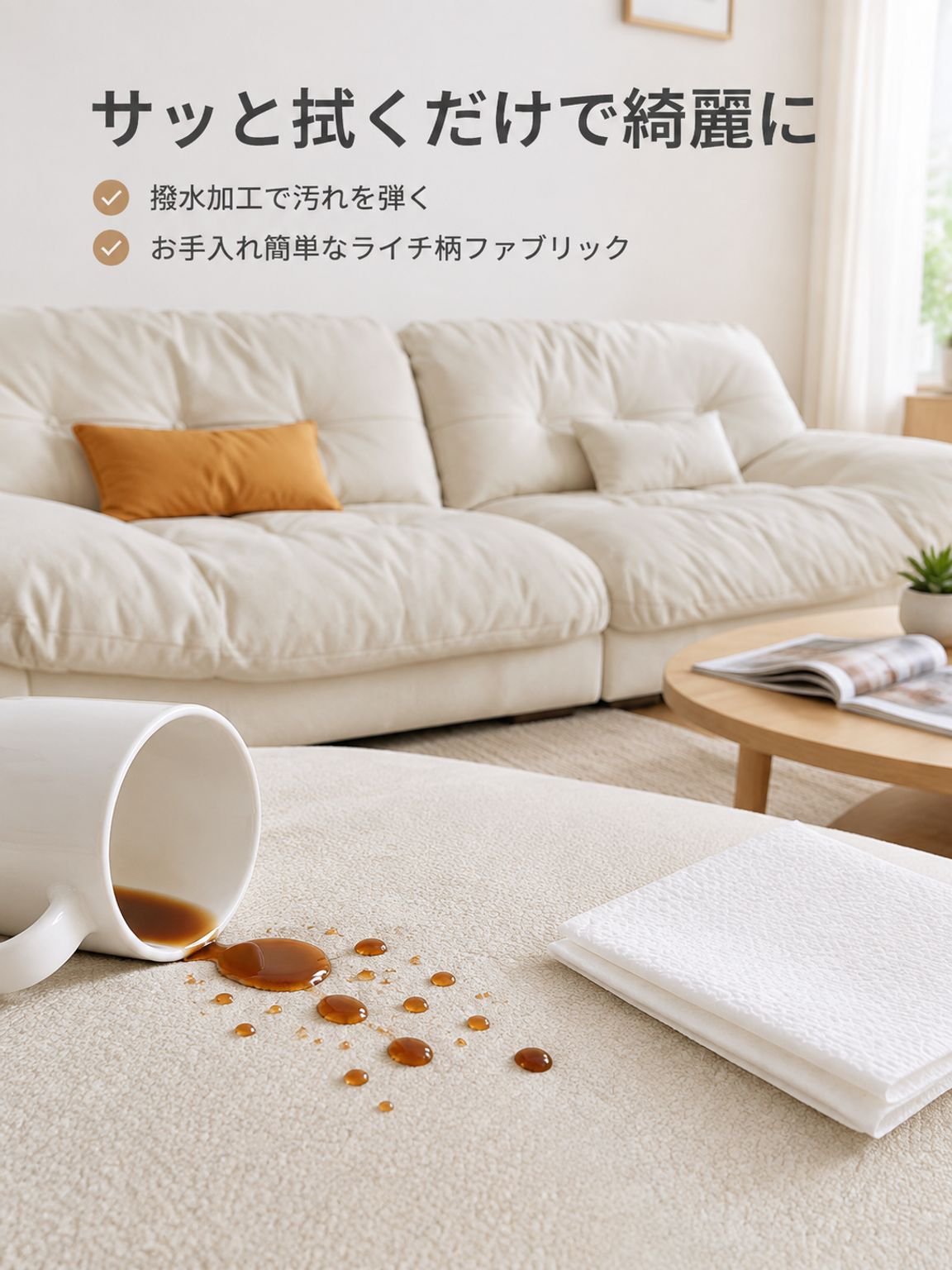 クリームカラーで空間を明るくする布製ソファ