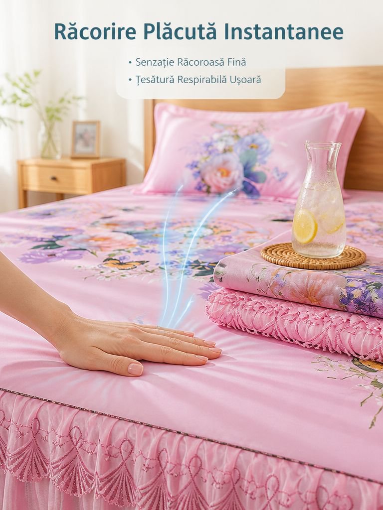 Set de fustă de pat Ocean din mătase rece, husă protectoare lavabilă și răcoroasă