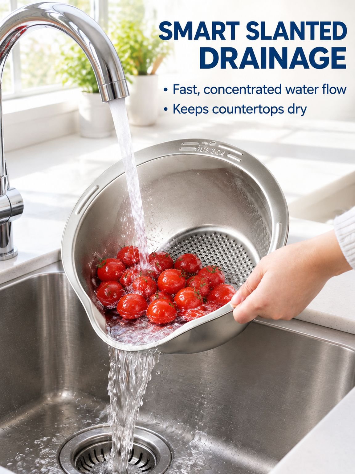 Kitchen strainer holding freshly washed produce
