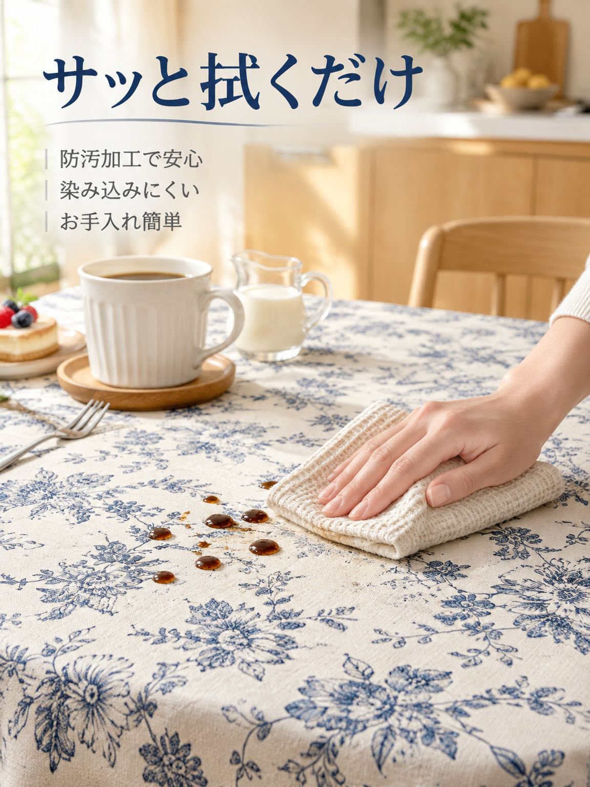 青いバラ柄のテーブルクロス