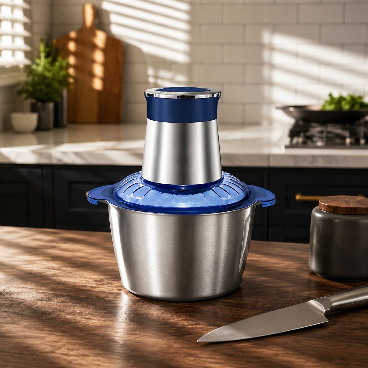 Small electric food processor blending ingredients