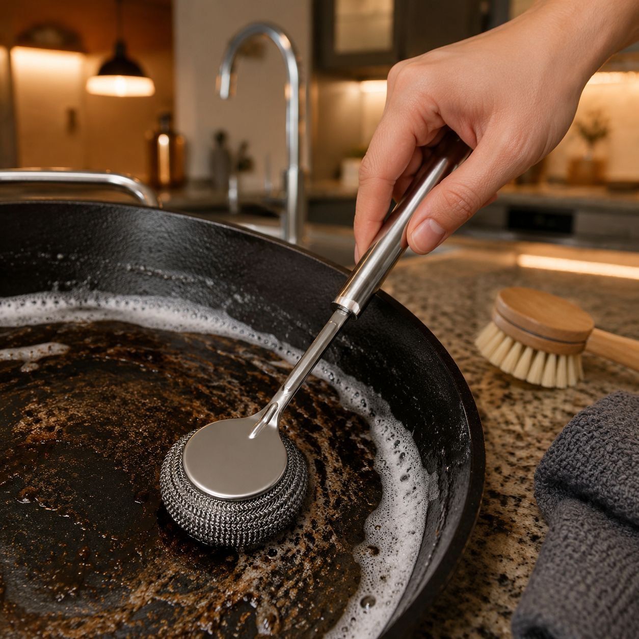Extended Handle Stainless Steel Kitchen Pot Cleaning Brush