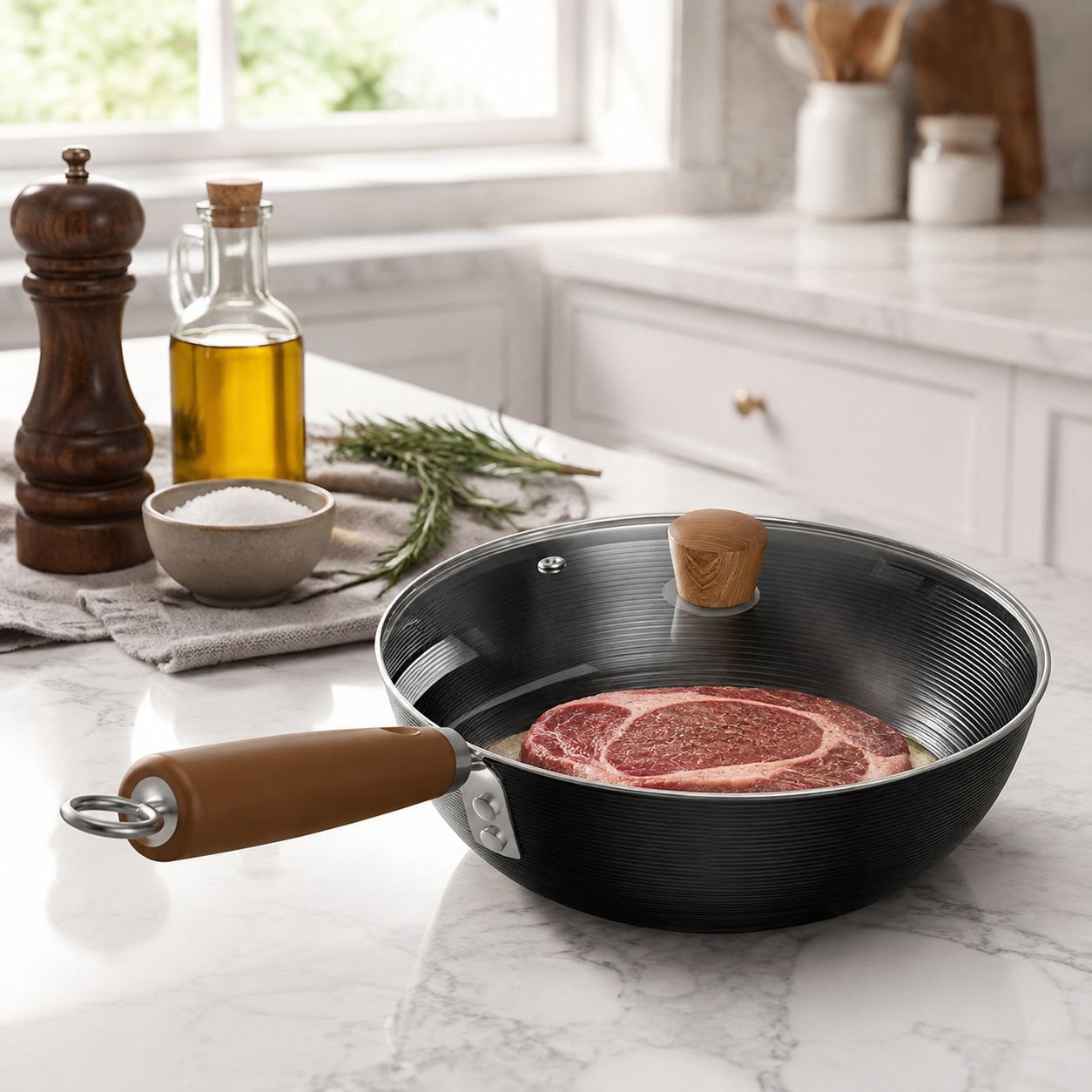 Threaded handle detail of small iron frying pan