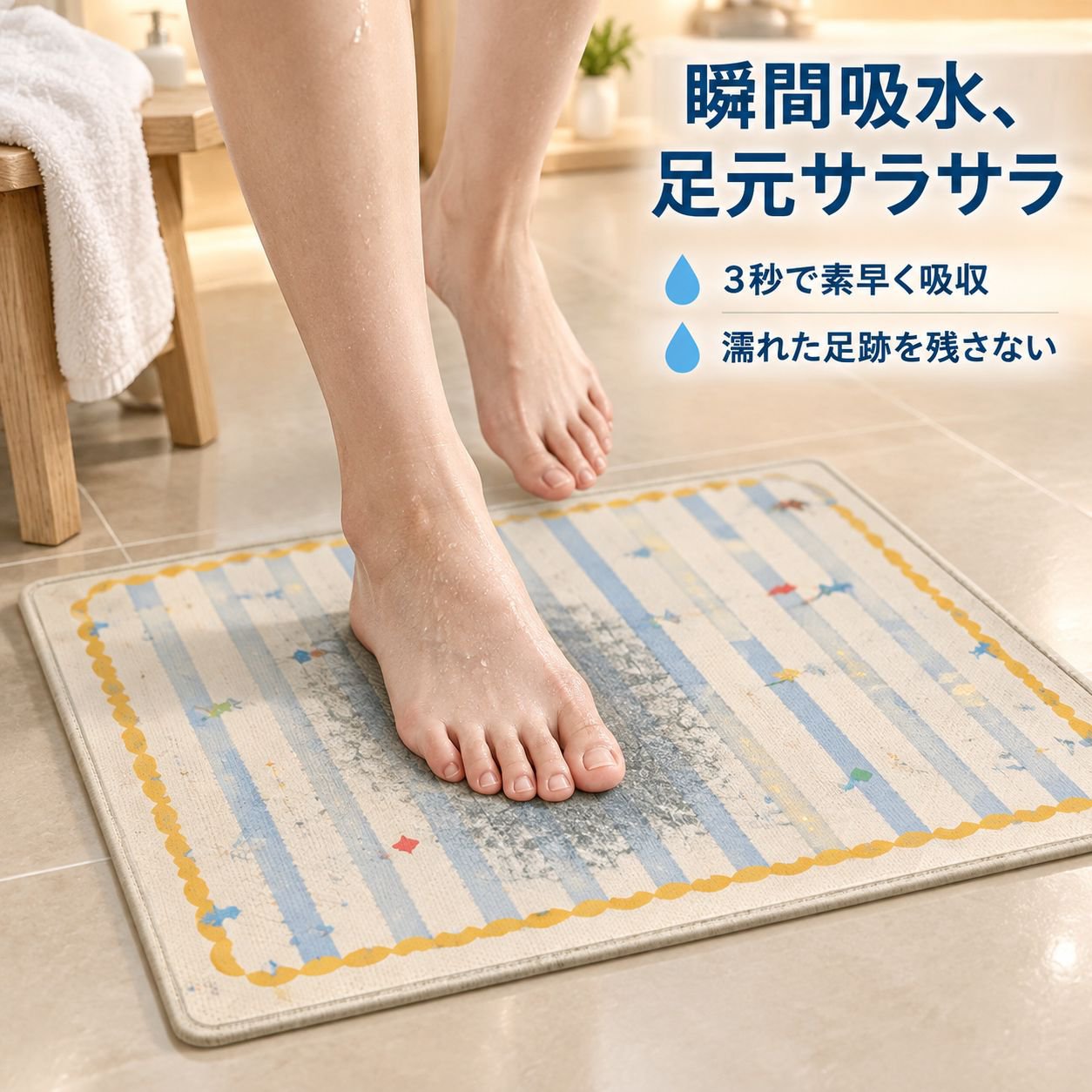 キュートなドット柄バスルーム用吸水マット リネン素材 耐汚れ速乾フロアマット