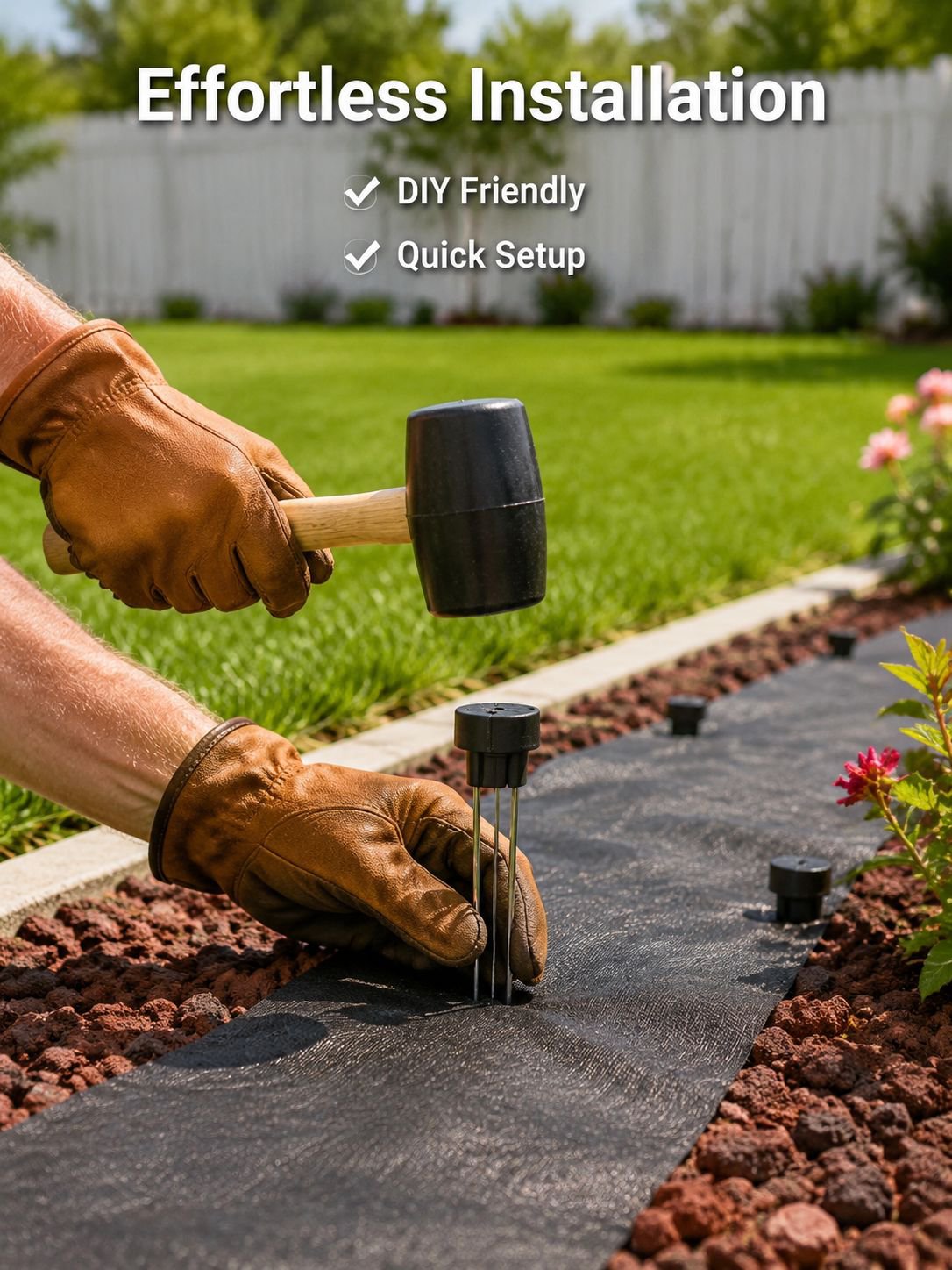 Robust ground pegs holding a weed control sheet in place during windy conditions