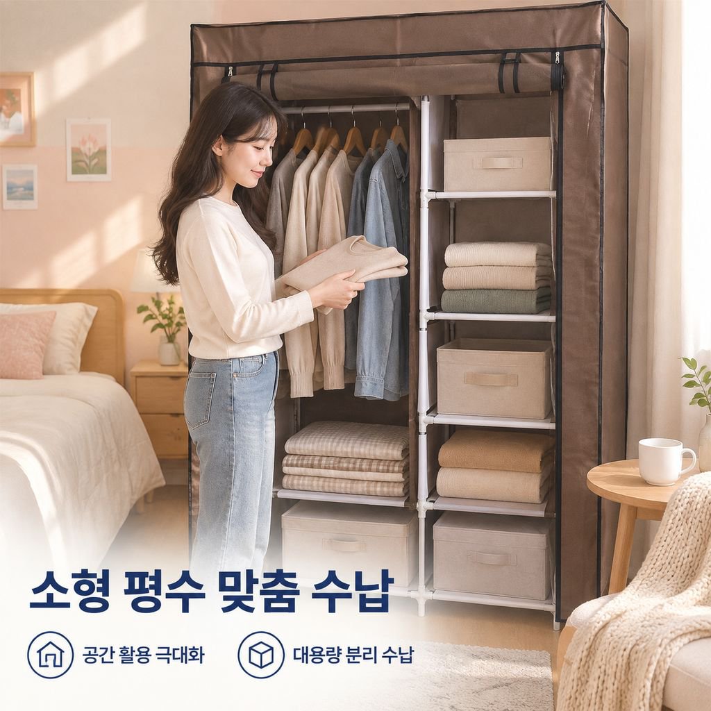 두꺼운 패브릭 간이 옷장 8단 선반 더블 행거 수납장