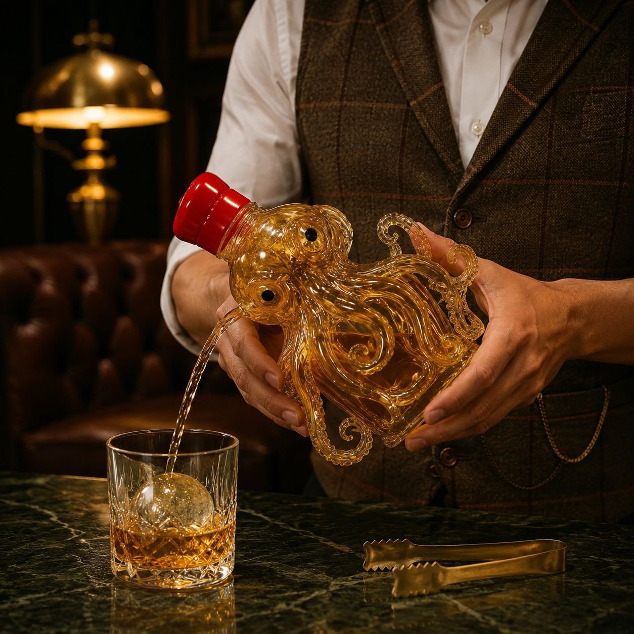 Whiskey being poured from octopus design bottle