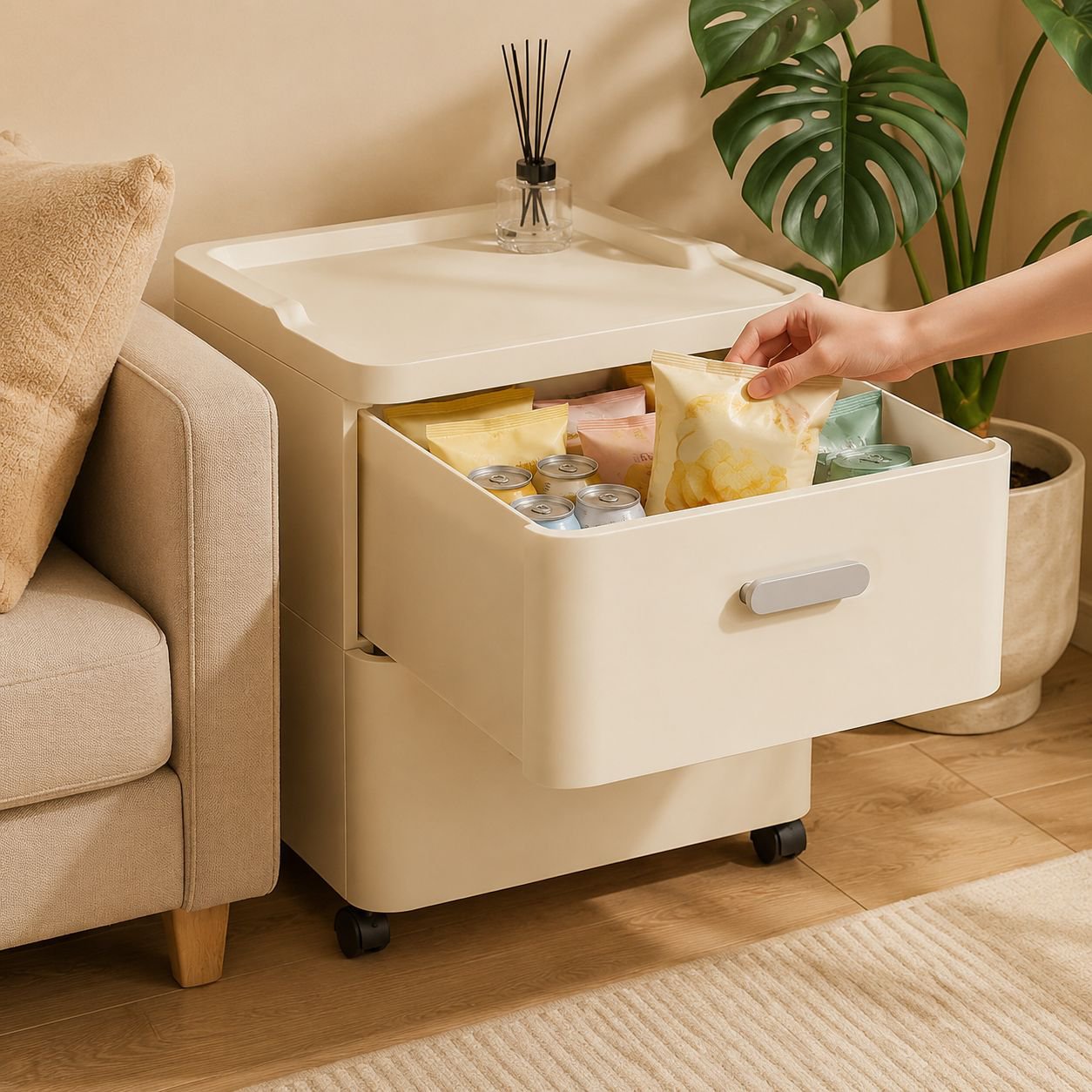 Functional storage cabinet with easy-pull drawers