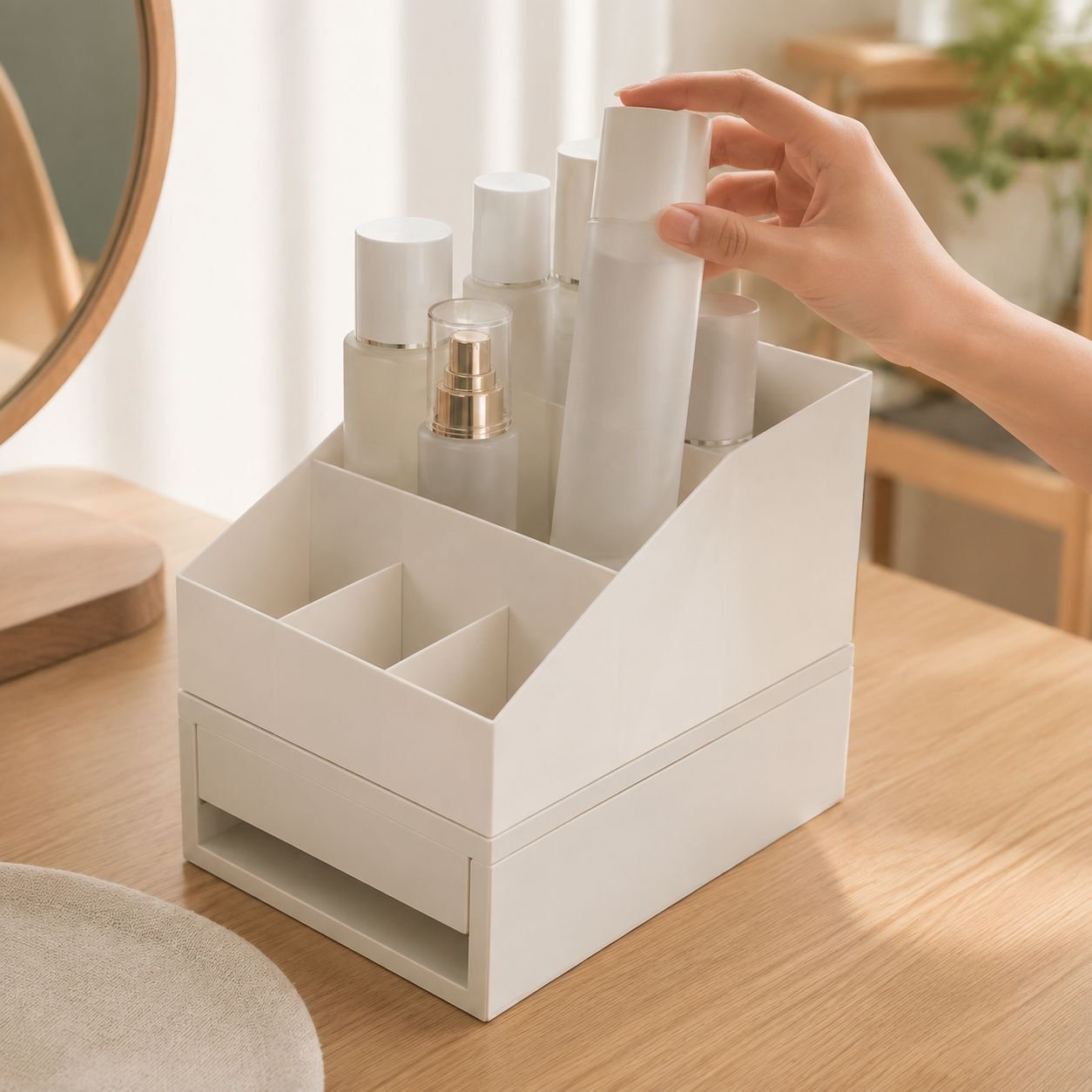 Stackable storage drawers neatly organized on a shelf
