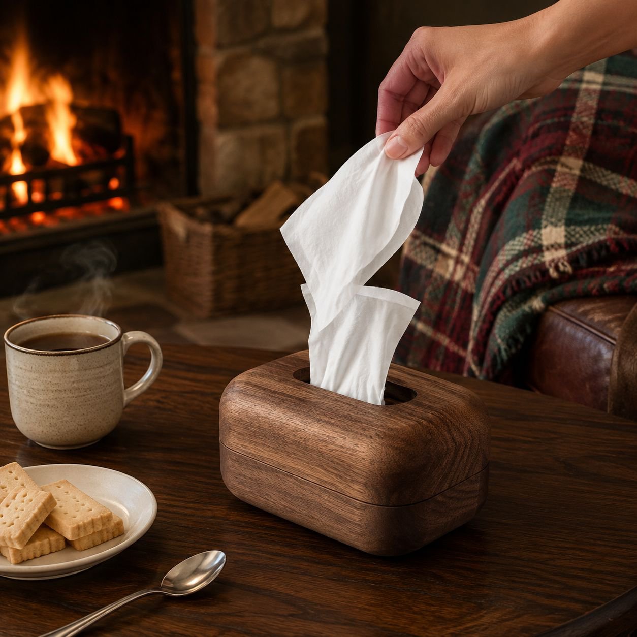 Desktop tissue box with premium walnut finish