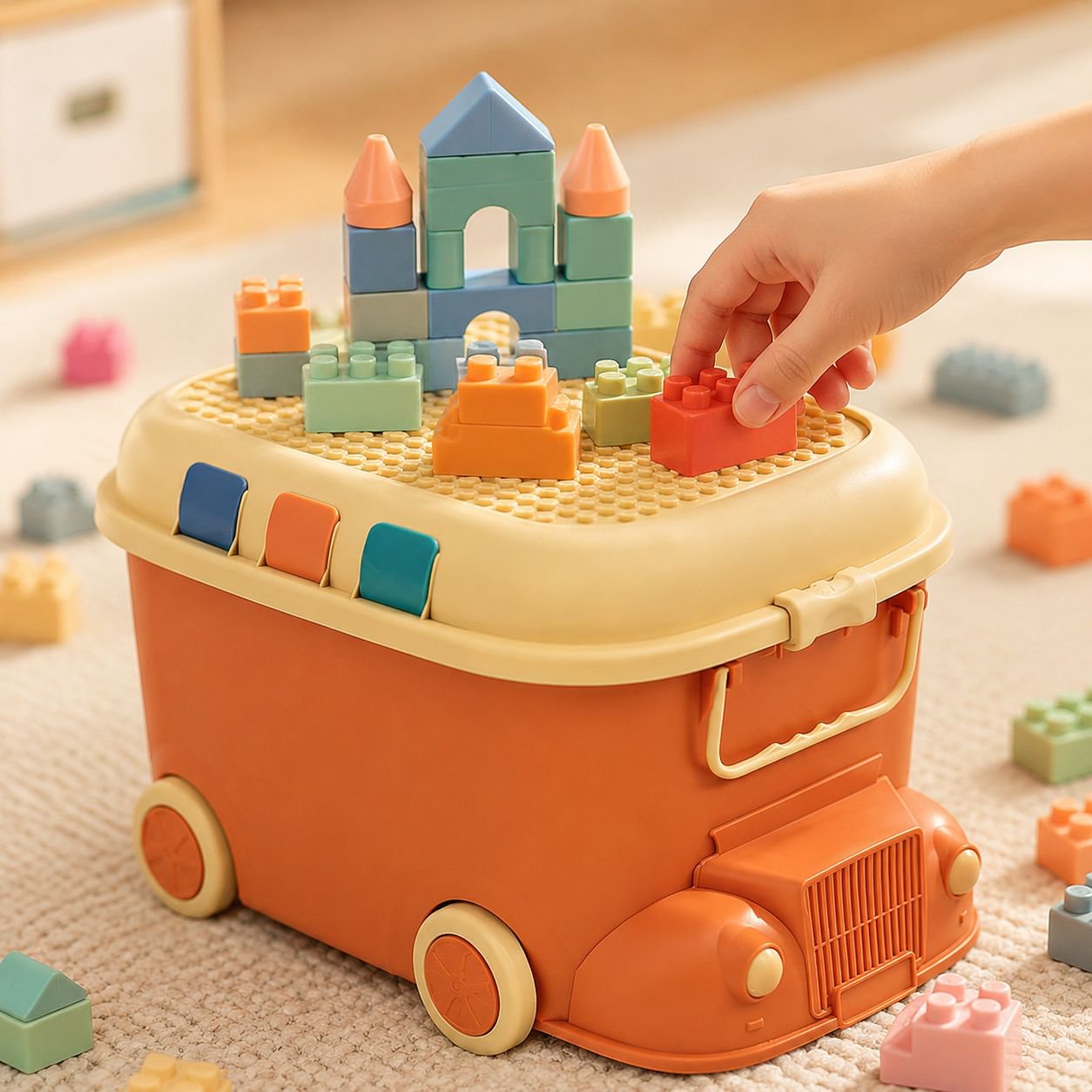 Colorful train toy storage bin filled with toys