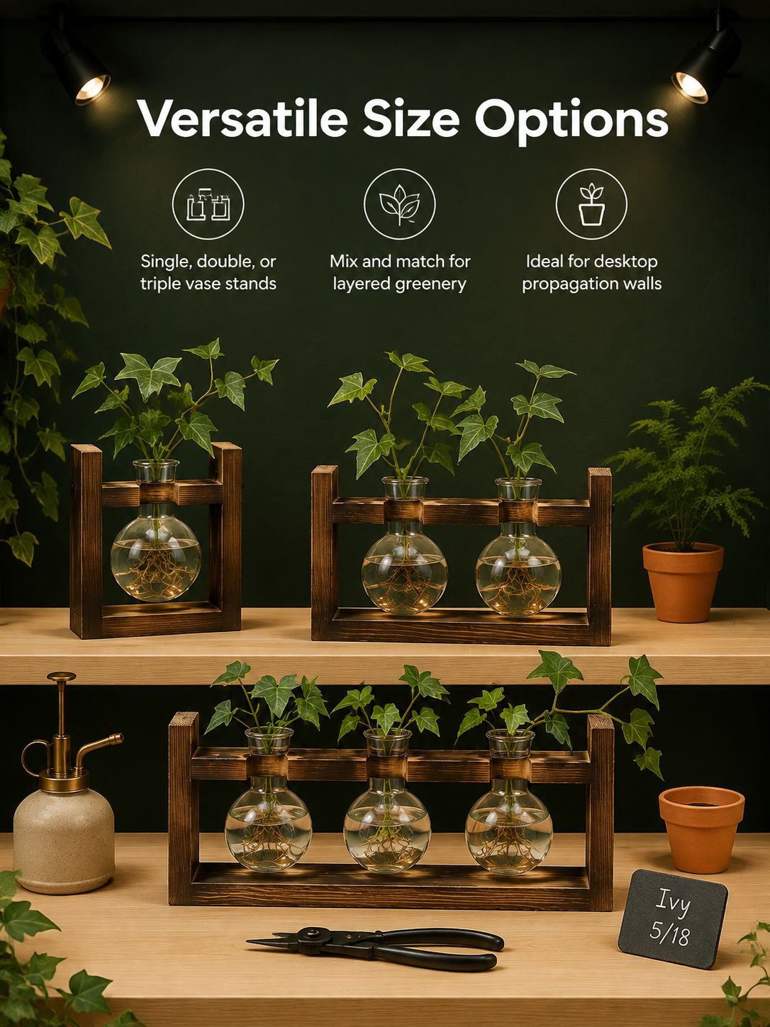 Stylish plant propagation station with glass bottles