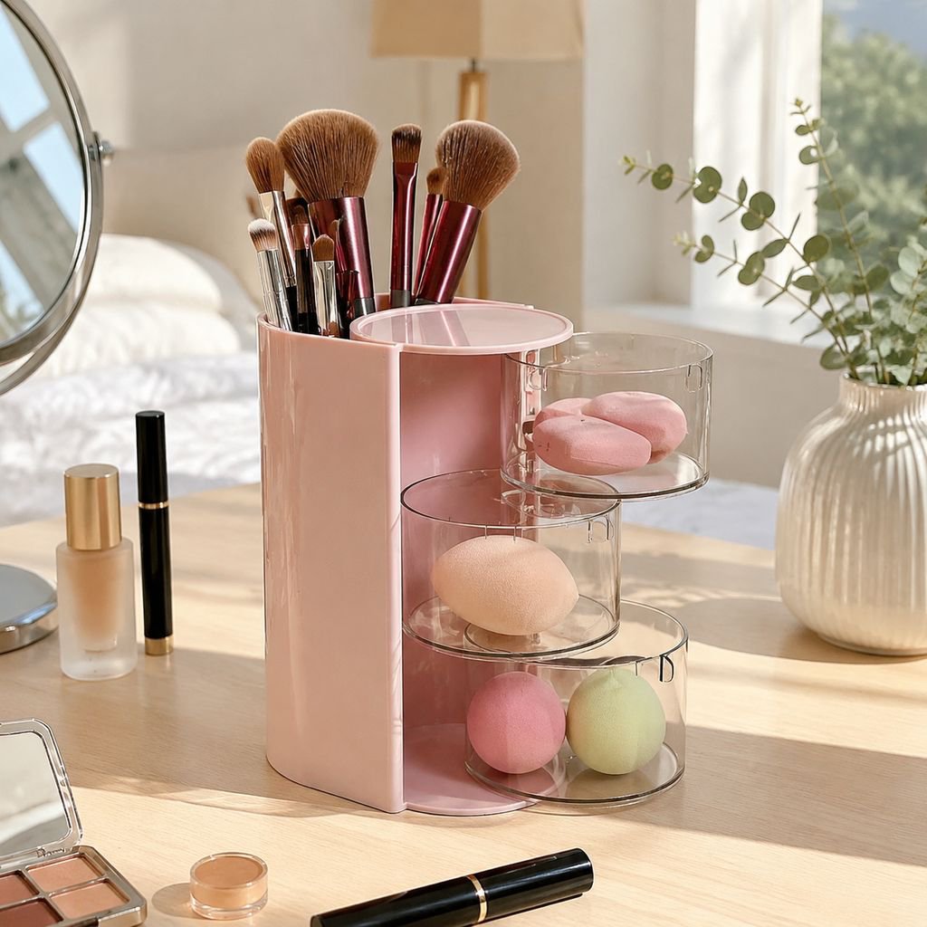 Vanity Desktop Rotating Puff & Makeup Brush Dustproof Storage Box