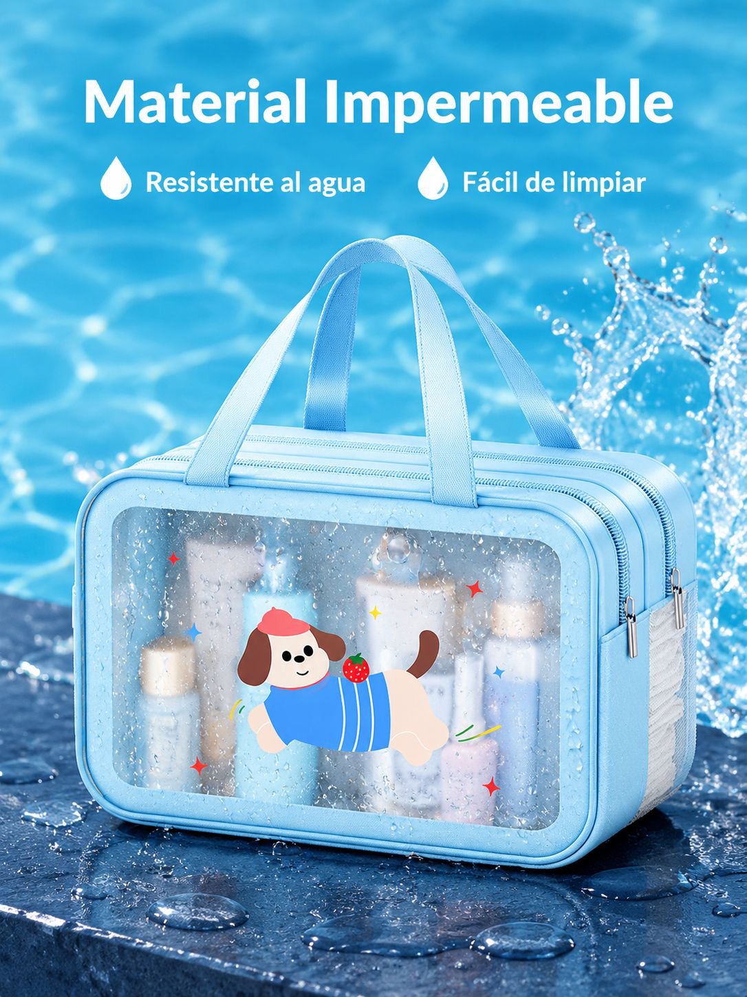 Neceser de viaje transparente impermeable portátil, gran capacidad, separación seco-húmedo