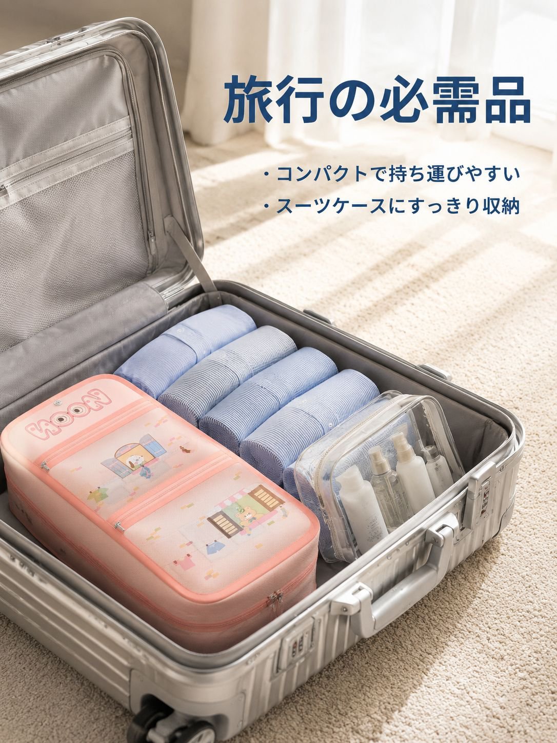 3つの仕切りが付いた、モダンでミニマルなデザインのアンダーウェア収納バッグ。