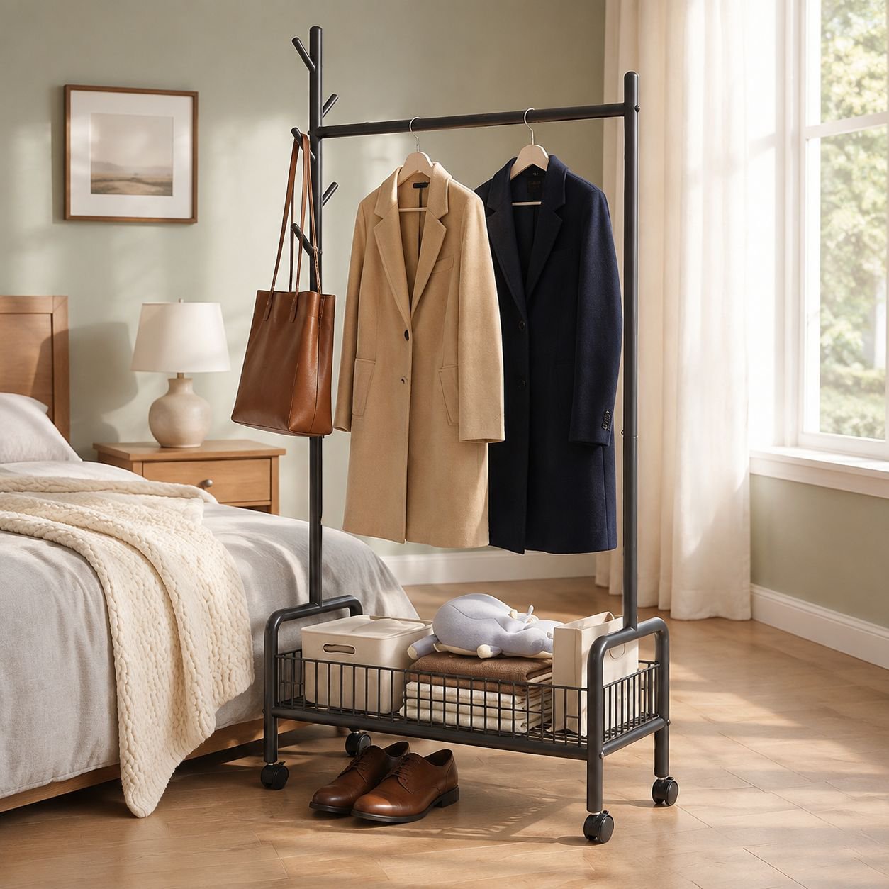 Bedroom Folding Clothes Storage Rack Side Bed Multifunctional Coat Rack