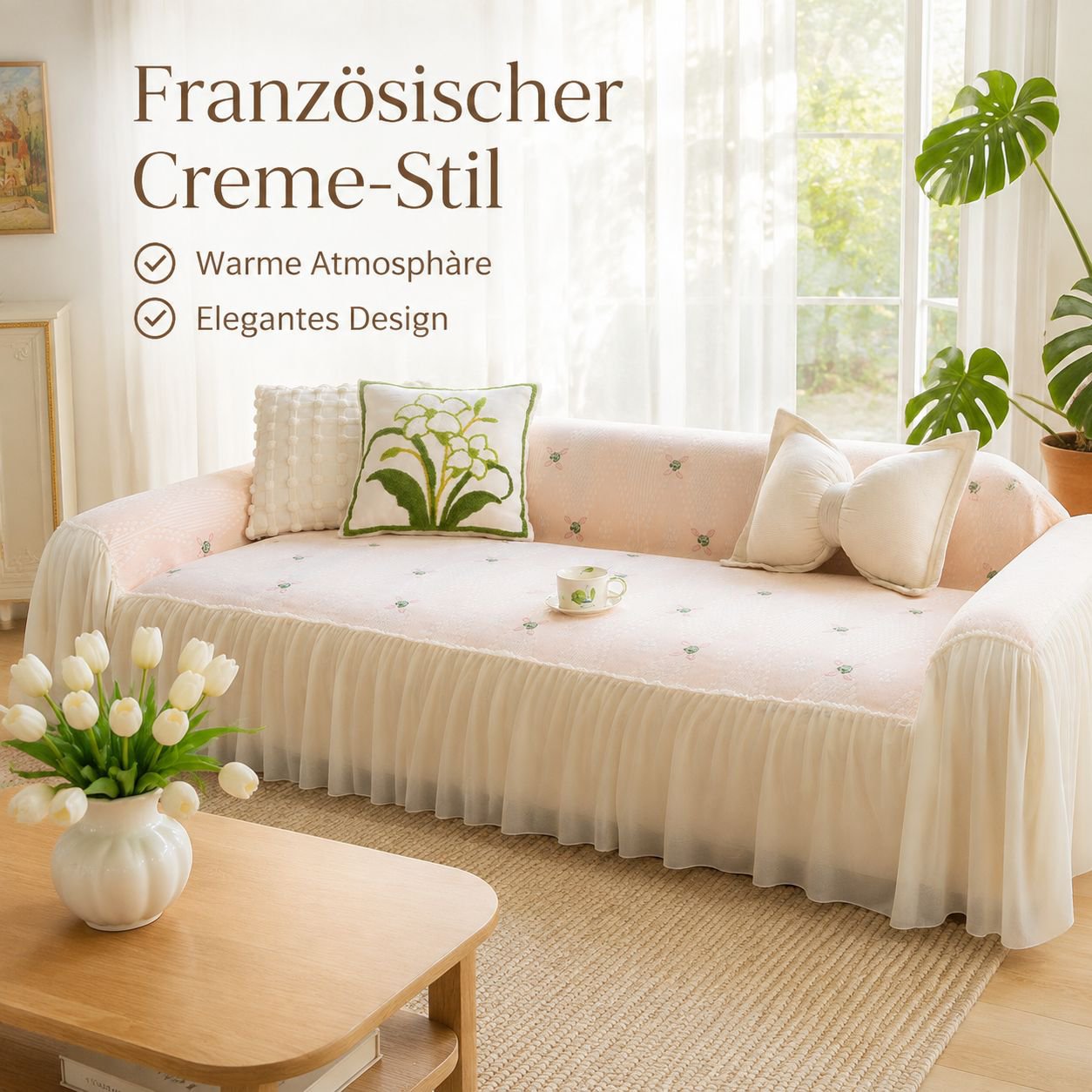 Vollständige Sofahusse mit Spitzenrüschen, Chenille-Stoff im Cream-Stil
