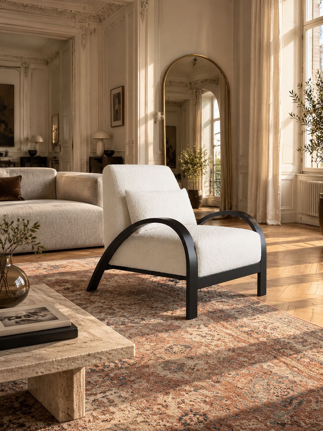 Fauteuil vintage élégant sur parquet clair
