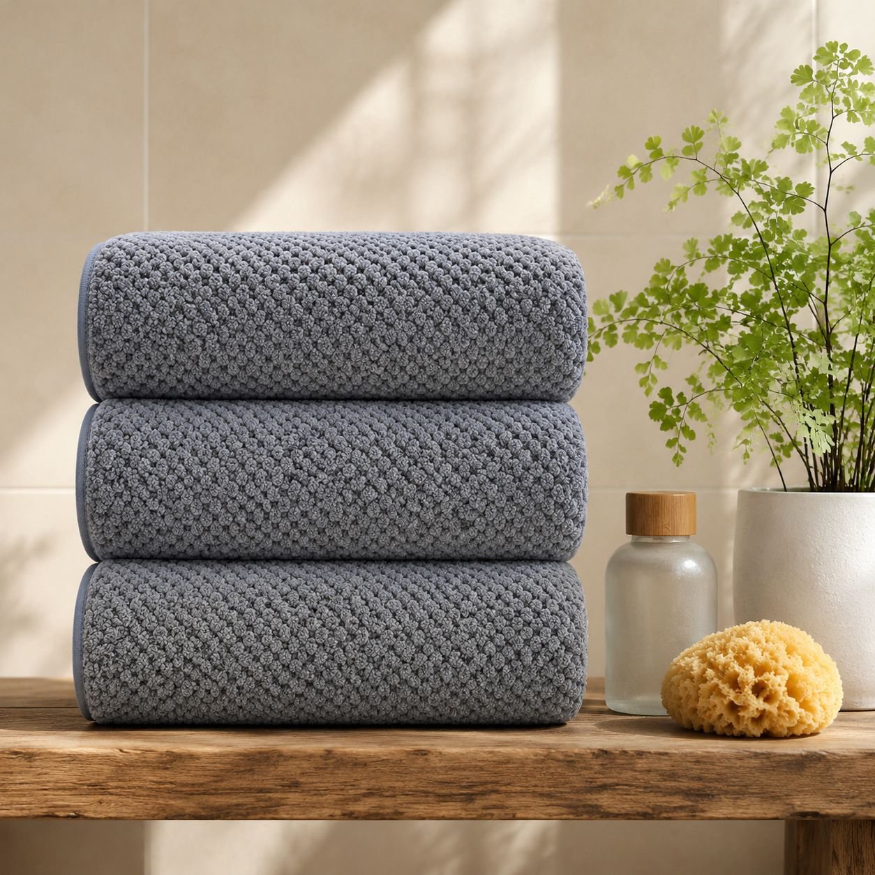 Woman wrapping herself in a cozy coral fleece bath towel