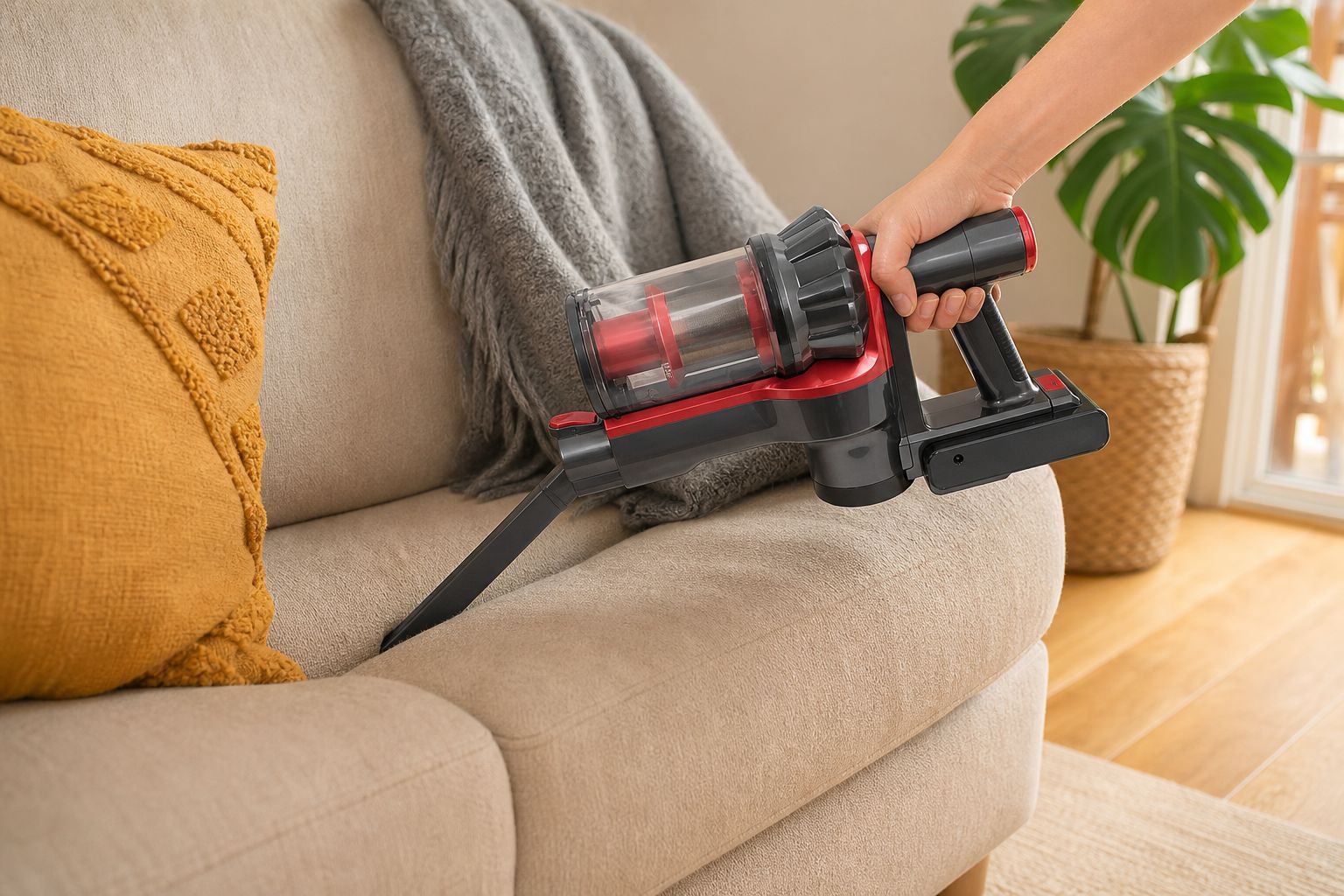 Handheld vacuum cleaner cleaning sofa cushions