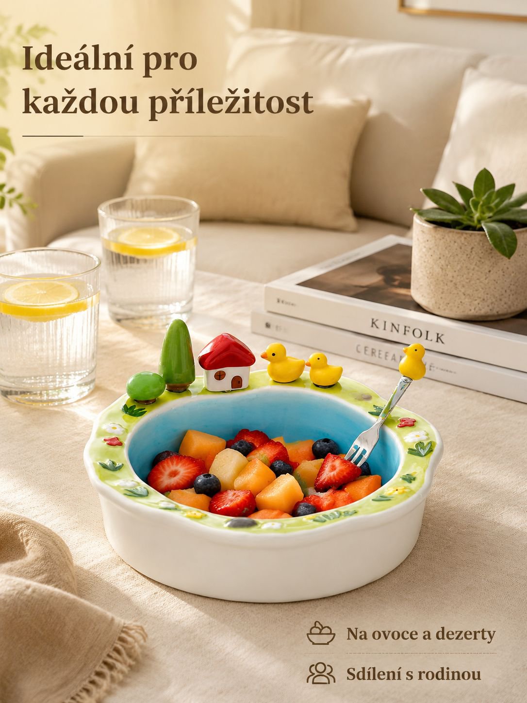 Roztomilý keramický talíř s vidličkami ve tvaru žluté kachničky