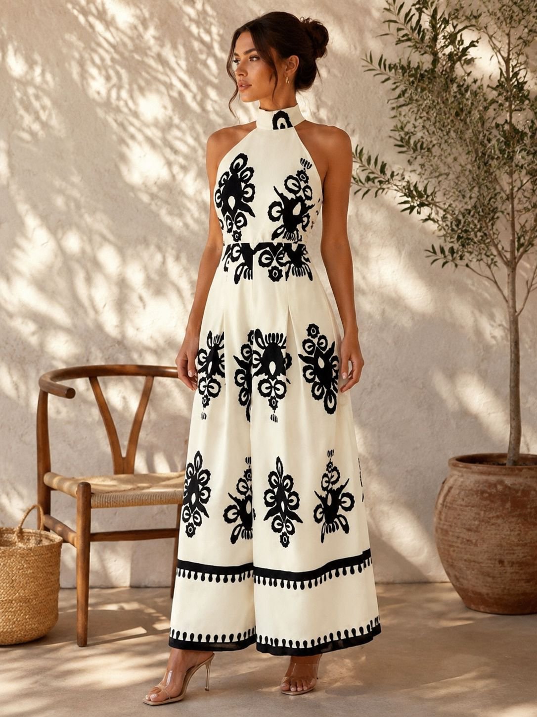 Combinaison femme été imprimée ajustée col rond ceinture tendance