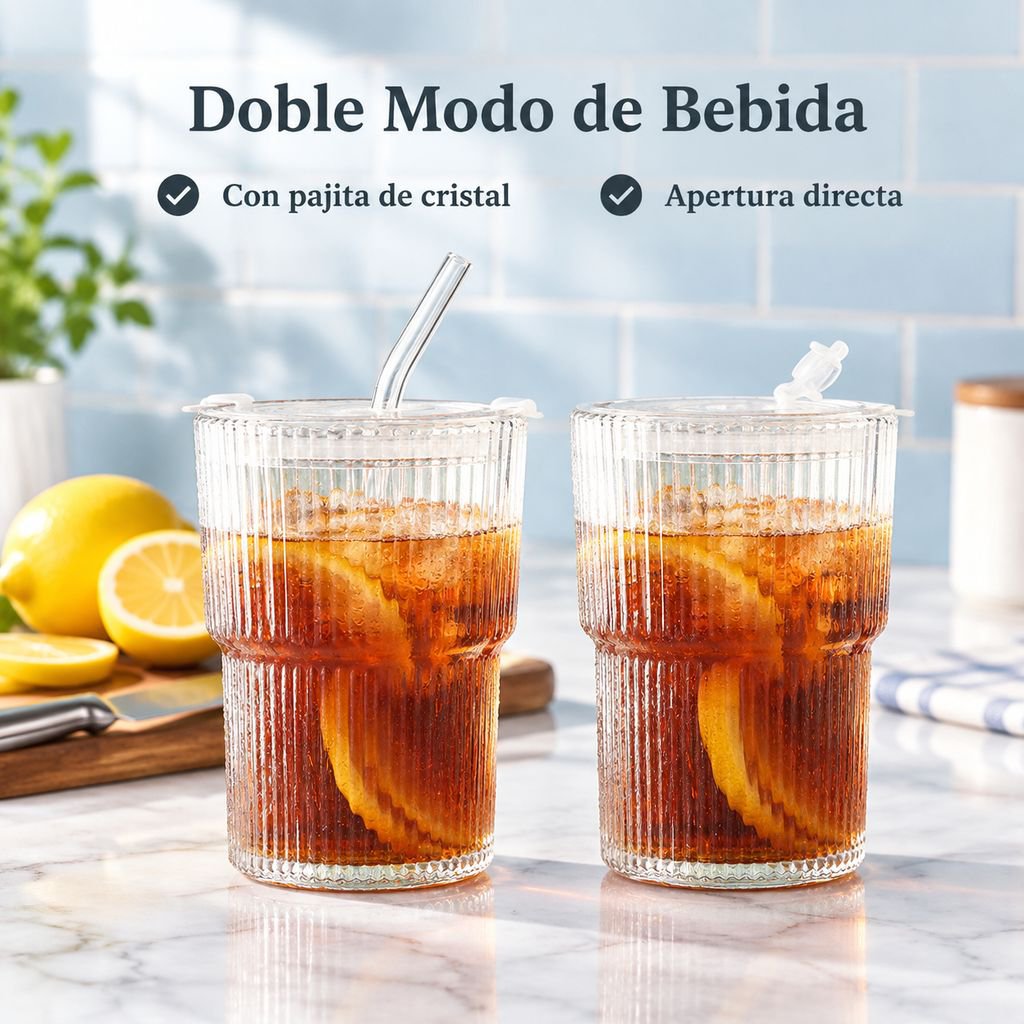 Vaso de vidrio con rayas verticales para agua o café, con tapa