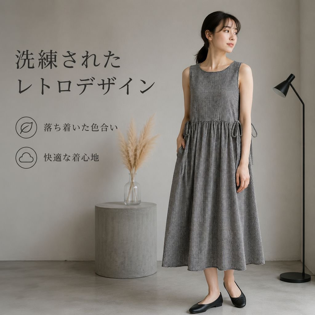 文芸風綿麻チェックワンピース
