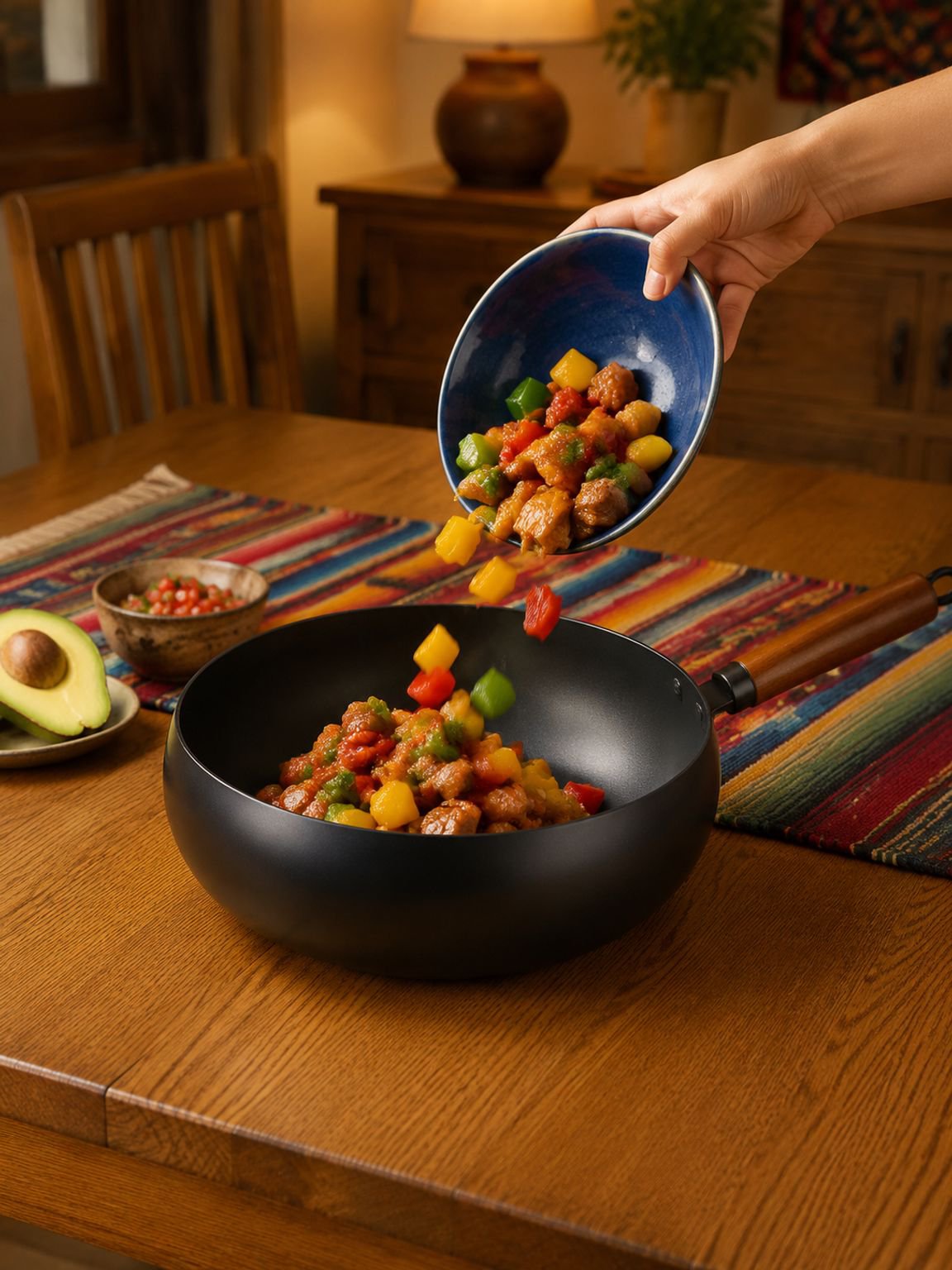 Vista superior de la sartén wok multifuncional para cocina casera