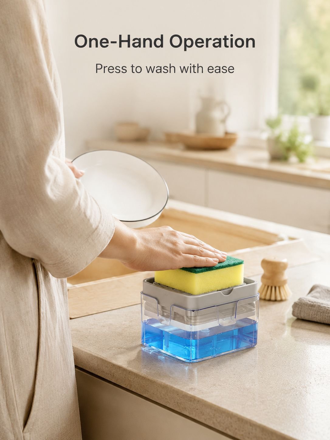 Press-and-Clean Soap Dispenser Brush