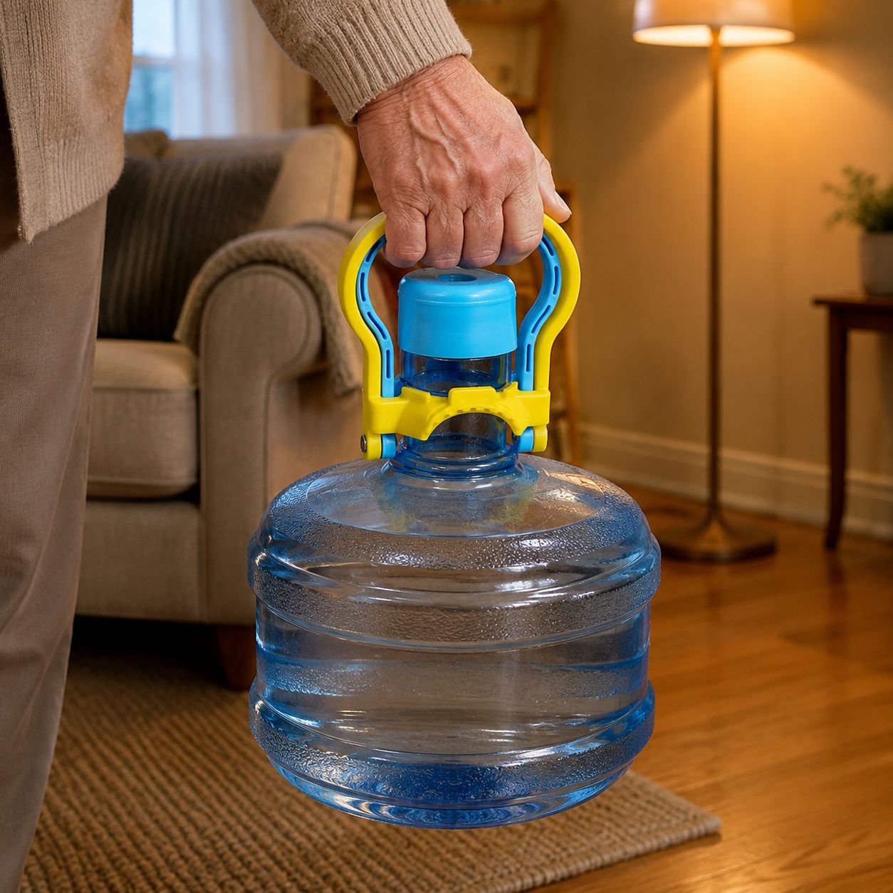 User carrying water bottle with heavy duty handle