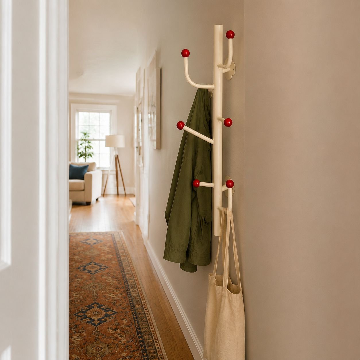 Easy installation of no-drill coat rack on home wall