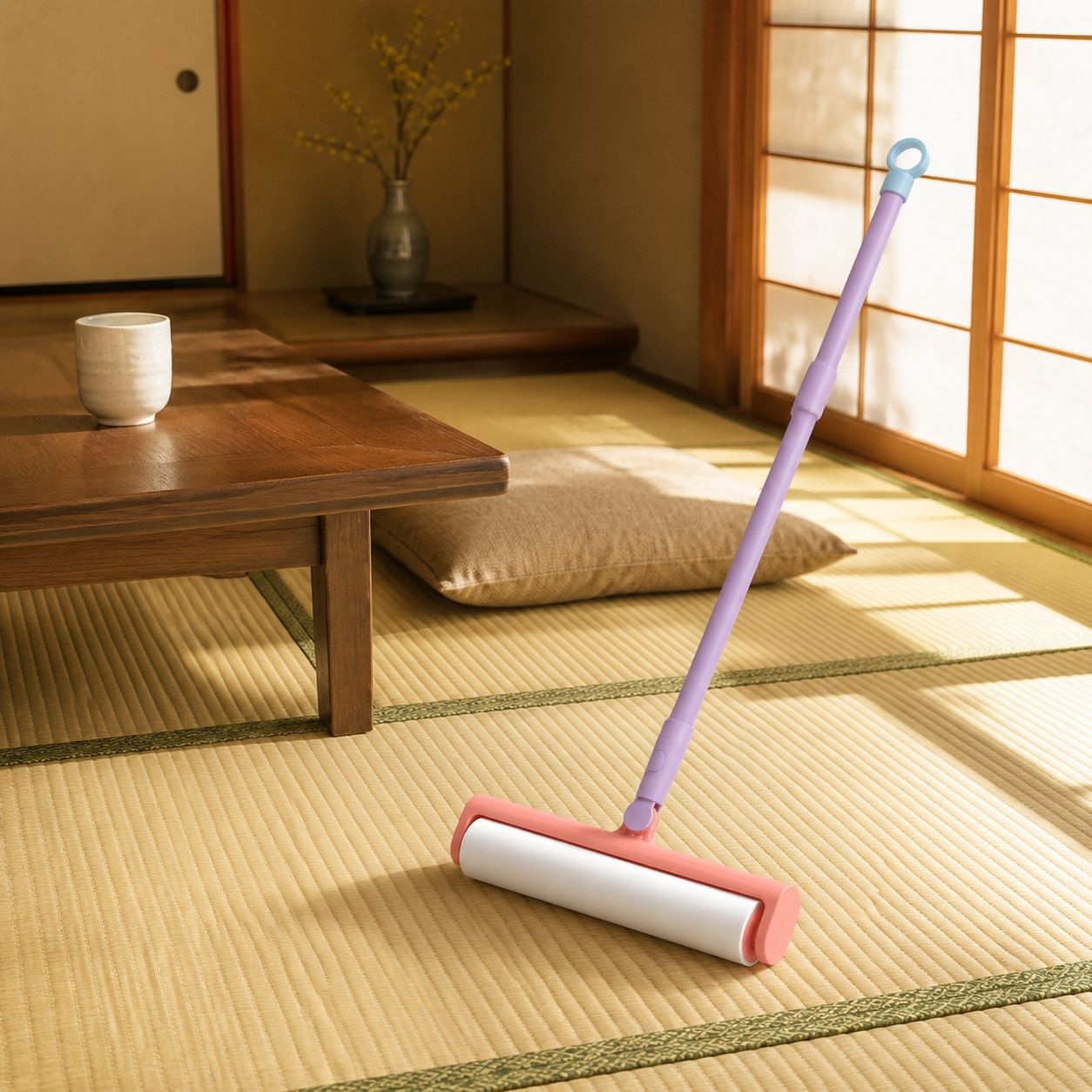 携帯式粘着クリーナーでカーペット掃除