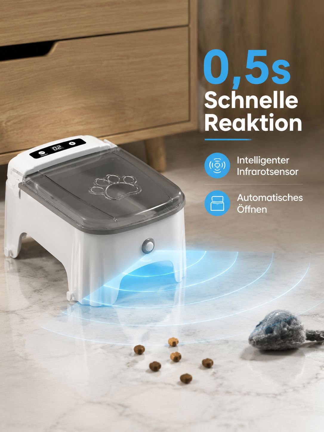 Intelligenter Haustier-Sensor-Futterautomat, feuchtigkeitsbeständig, offenes Design.
