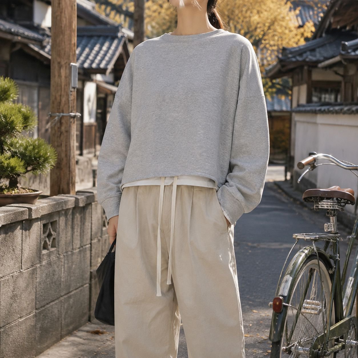 小柄さん向け秋冬カラーブロックゆったりドローストリングスウェット
